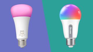 Philips Hue and Govee lightbulbs on purple and teal background