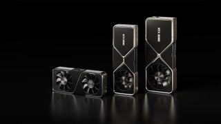 Nvidia RTX 3070, RTX 3080, And RTX 3090 Lined Up In A Promotional Image From Nvidia