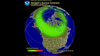 map showing tonight's aurora forecast and visibility line across northern United States.