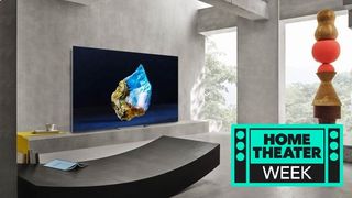 Living room with Samsung micro-LED TV on wall showing abstract image