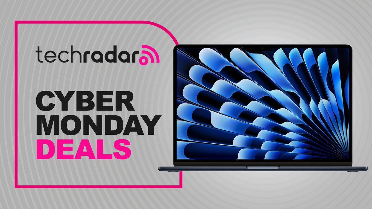 The M3 MacBook Air on a grey background with the text &#039;techradar cyber monday deals&#039;