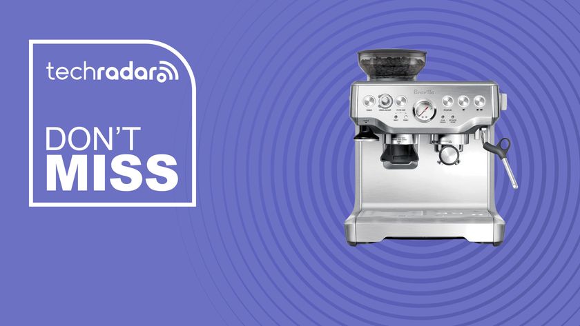 The Breville Barista Express Espresso Machine on a purple background with text saying Don&#039;t Miss.