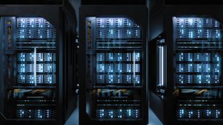 Server racks forming a supercomputer inside a data center.