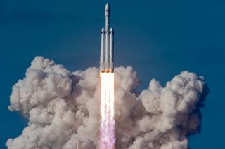 The Falcon Heavy rocket taking off from Launch Pad 39A at NASA&#039;s Kennedy Space Center on Feb. 6, 2018. 