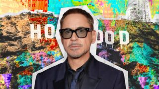 Scrapbook styled punk pop-art image showing US Actor Robert Downey Jr. as a sticker on top of a colorful background showing the Hollywood sign.