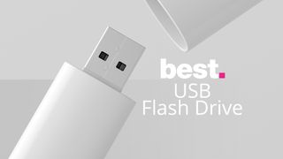 A USB flash drive with the words &quot;best USB flash drive&quot; next to it on a gray background 