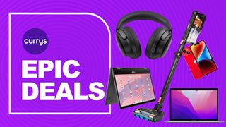 Asus tablet, Apple MacBook Air, Sony headphones, Shark vacuum and iPhone 14 on a purple background. White text next to the products reads Currys Epic Deals