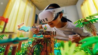 Girl wearing Meta Quest 3 headset interacting with a jungle playset 