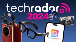 Huawei Mate XT, Sony&#039;s Astro Bot, Apple Intelligence logo, Meta Orion glasses, Samsung Galaxy Ring and Fujifilm X100 VI on a blue background below the words TechRadar 2024