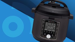 Black Instant Pot on blue abstract background