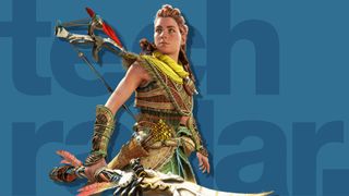 Bedste PS5-spil: Horizon Forbidden Wests Aloy står på en blå baggrund