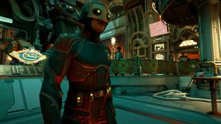 The Outer Worlds 2: a player standing in a sci-fi outpost during footage of Outer Worlds 2.