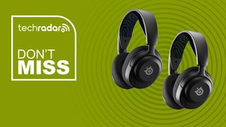 Two SteelSeries Arctis Nova 5 headsets on a green background with white don&#039;t miss text