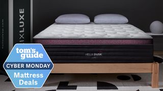 A Helix Dusk Luxe Mattress on a bed frame in a bedroom, a Tom&#039;s Guide Cyber Monday mattress deals graphic (left)