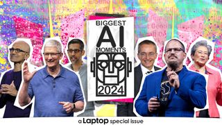 Laptop Mag&#039;s Biggest AI Moments in 2024 image showing various leaders in the AI industry in a punk-pop-art scrapbook art style on a colorful pastel background.