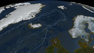 A reconstruction of the North Atlantic Ocean showing patterns of water circulation in the Nordic Seas and off the coast of Greenland.