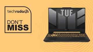 Asus TUF gaming laptop on sandy yellow background with don&#039;t miss text overlay