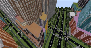 Shot of a Minecraft map generated from real-world OpenStreetMap data using the &quot;Arnis&quot; tool.