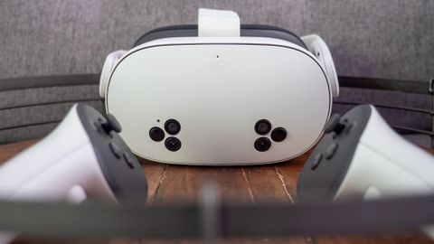 A Meta Quest 3S headset with both of its included controllers