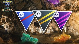 Three league badges against a cave background littered with crystals