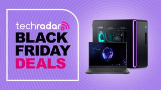 Alienware M16 and Aurora gaming PC on purple background with TechRadar Black Friday deals text overlay