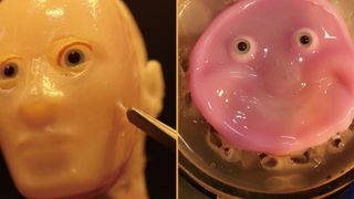 Artificial skin on humanoid robot head (left), creepy smiling face on pink blob of artificial skin