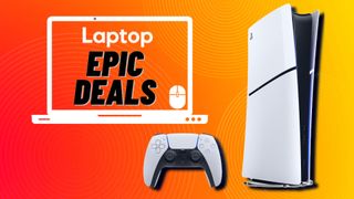 The PlayStation 5 Slim with a controller in front of a red and yellow background with a Laptop Mag deals icon