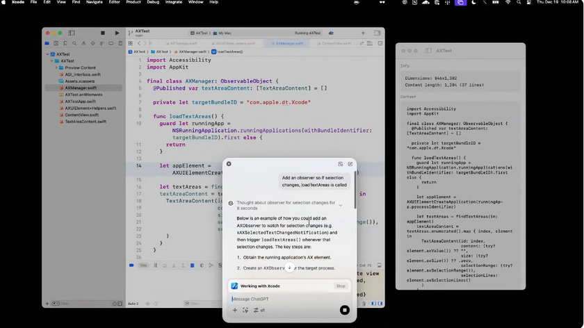 Using ChatGPT for desktop on a Mac with XCode.