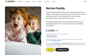 Norton Family parental control app website, detailing features, tools, and pricing.