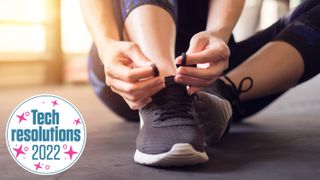 Woman fastening running shoes, not wearing a watch