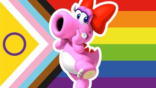 Birdo posed in front of a progressive pride flag