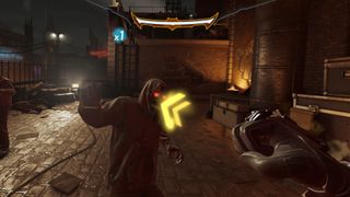 A still from Batman: Arkham Shadow showing combat, including a combo number, attack instructions, and a health bar.