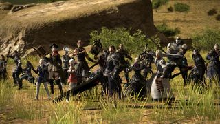 FFXIV characters lined up on a field, looking like they're ready to take on some dastardly enemy. 