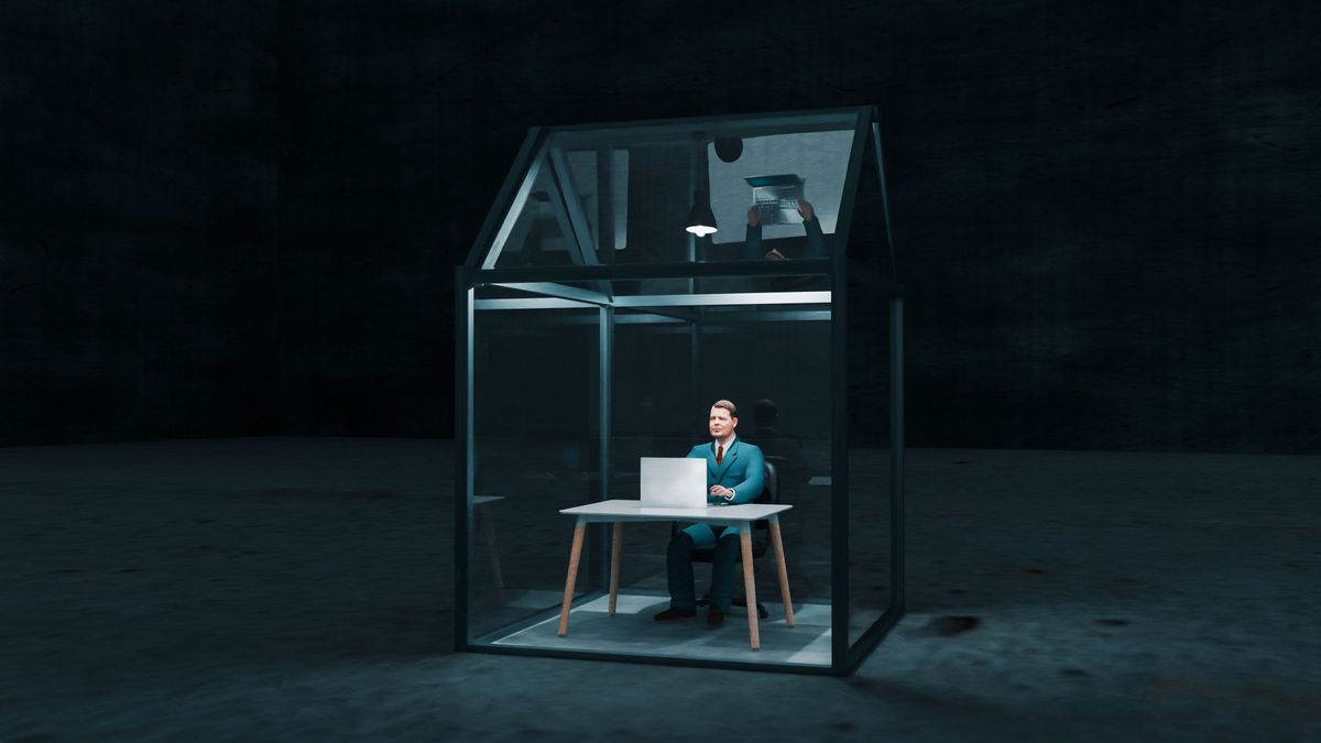 A CGI render of a businessman sitting at a desk in a tiny glass house, surrounded by darkness, to represent remote working risks.