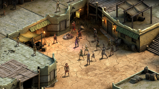 Tyranny gameplay shot showcasing a standoff in a desert town.