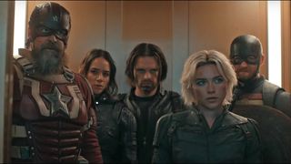 Red Guardian, Ghost, Bucky Barnes, Yelena Belova, and US agent stand in an elevator in Marvel's Thunderbolts film