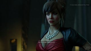 Vampire the Masquerade: Bloodlines 2 production screenshot showing a dark haired female vampire wearing strings of pearls. The phrase "Lou is pleased" is on the upper right hand corner.