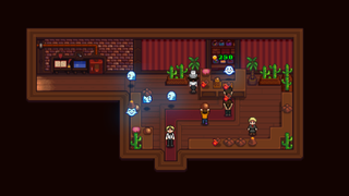 Haunted Chocolatier screenshot showing an indoor shop environment populated with small white ghosts