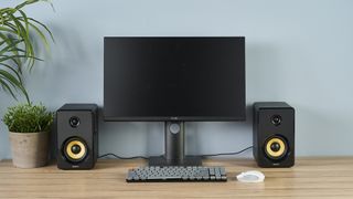 a pair of black wood speakers with a yellow kevlar cone photographed on a wood desk with a computer and blue wall and a plant in shot