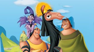 Emperor Kuzco, Pacha, Yzma, and Kronk smiling in the poster for the Disney movie The Emperor’s New Groove.