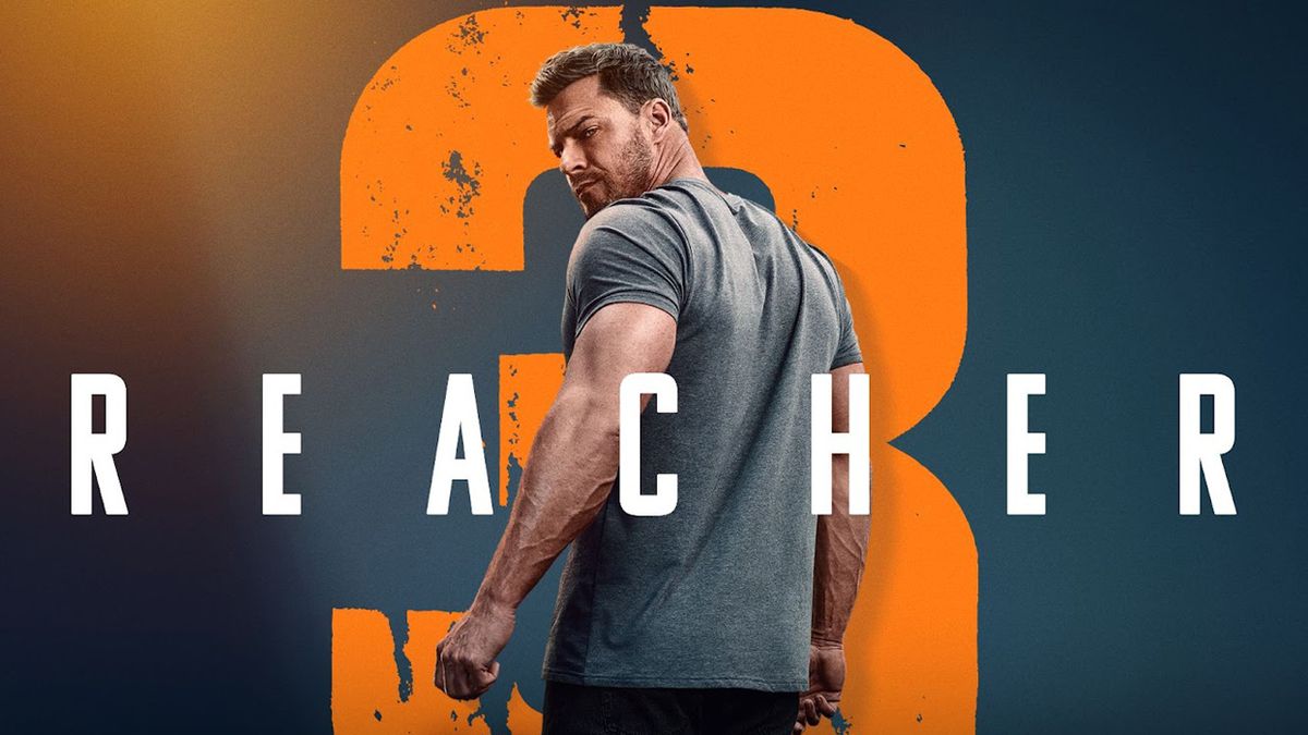 A promotional image showing Alan Ritchson standing with his back to camera in front of a giant 3 and the Reacher logo