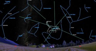 below polaris, teal lines emanate from the constellation Ursa Minor, in a dark sky full of blue-traced constellations.