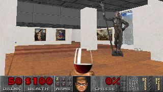 Doomguy holds a glass of red wine in an art gallery