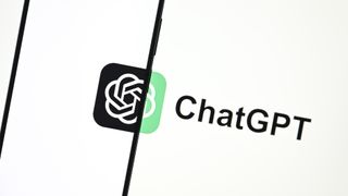 ChatGPT Enterprise: A phone in the left half of the frame, with an all-white screen except for two-thirds of the OpenAI logo (overlapping circles in a knot shape) that is completed by a green version of the logo on the otherwise white background behind the phone. To the right of the logo, black text reads 'ChatGPT'.