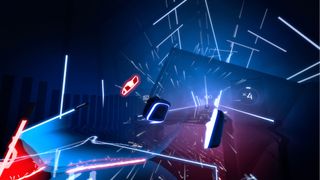 A screenshot from VR rhythm game Beat Saber, with a block being sliced in two by a saber