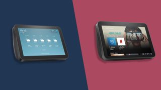 The Amazon Echo Show 8 (1st gen) on a blue background and the Echo Show 8 (2nd gen) on a pink background