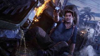 best PS4 games: Nathan Drake hiding behind a car while shooting at something off-camera