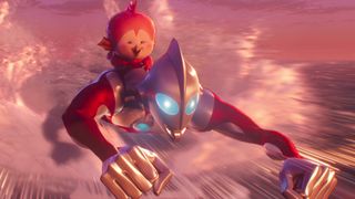 Ultraman flies through the air with his baby kaiju riding on his back in Netflix's Ultraman: Rising movie