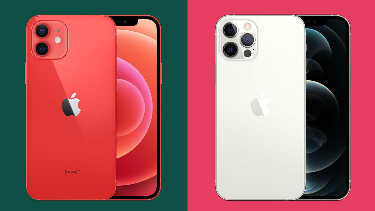 The iPhone 12 on a green blackground, and the iPhone 12 Pro on a pink background.