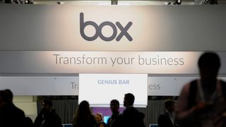 Box cloud storage logo and branding pictured at the BoxWorks 2015 Conference at the Moscone Center in San Francisco, California, US.